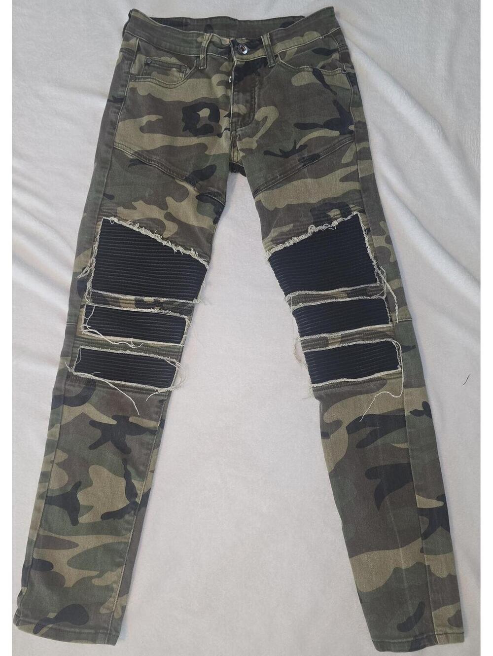 JEANS Camouflage Distressed Moto Jeans with Ribbed Knee Panels